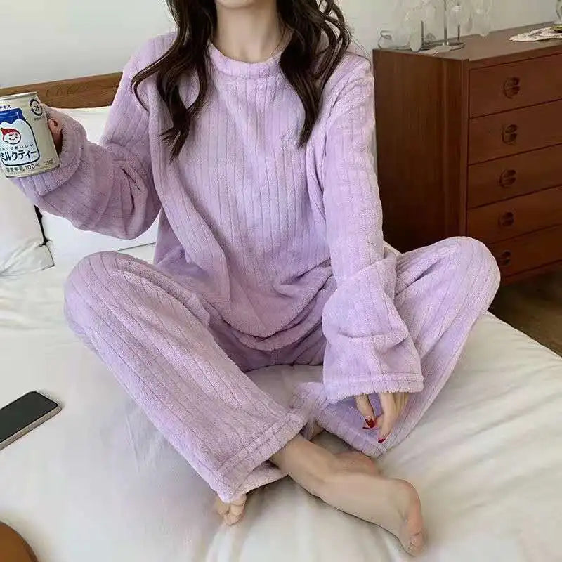Autumn Women Solid Warm 1/2 Piece Sets Thicken Velvet Ribbed Fleece Set Pullover And Pants Women Casual Pajama Sets 2025