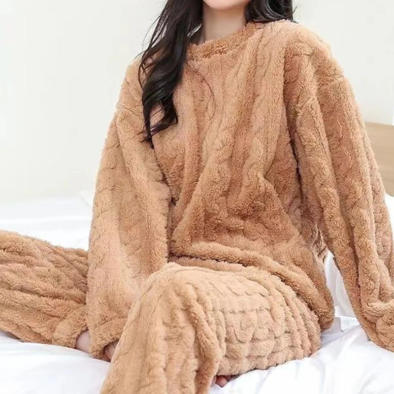 Autumn Women Solid Warm 1/2 Piece Sets Thicken Velvet Ribbed Fleece Set Pullover And Pants Women Casual Pajama Sets 2025